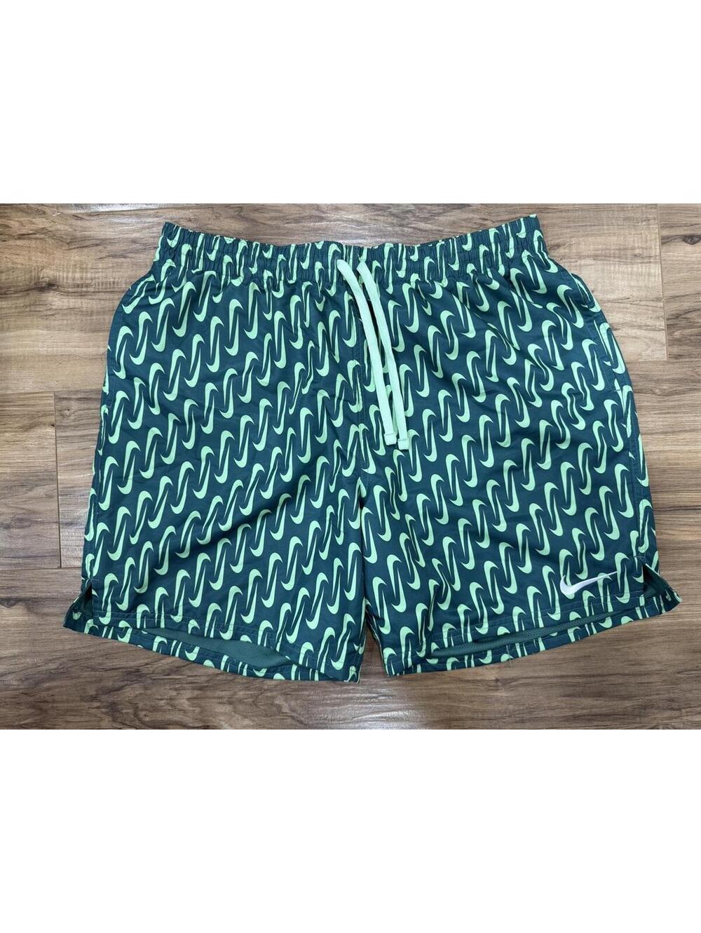 Nike Swim Volley Shorts Men's Large Green All Over Swoosh Print Mesh Lined